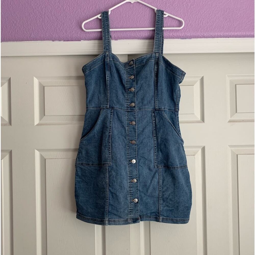 H&M Divided Blue Denim Overall Dress Womens Size 12 Button Front Pinafore